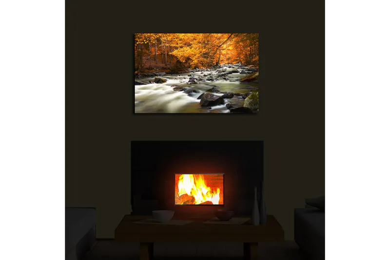 Canvas-taulu LED-valaistuksella 45x70 cm - Virtaavaa vettä syksyn värisen metsän ympäröimänä - Oranssi / Vihreä / Musta - Sisustustuotteet - Taulu & taide - Canvas-taulu