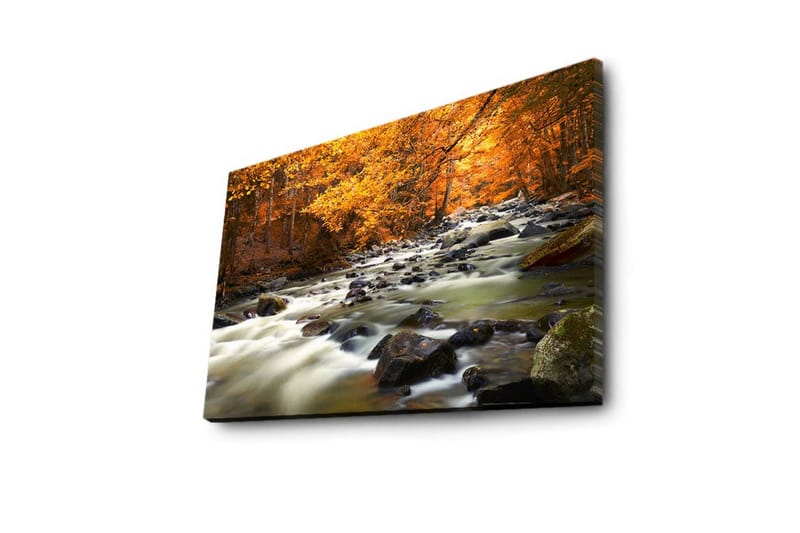 Canvas-taulu LED-valaistuksella 45x70 cm - Virtaavaa vettä syksyn värisen metsän ympäröimänä - Oranssi / Vihreä / Musta - Sisustustuotteet - Taulu & taide - Canvas-taulu