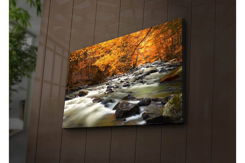 Canvas-taulu LED-valaistuksella 45x70 cm - Virtaavaa vettä syksyn värisen metsän ympäröimänä - Oranssi / Vihreä / Musta - Sisustustuotteet - Taulu & taide - Canvas-taulu