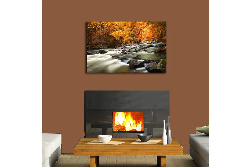 Canvas-taulu LED-valaistuksella 45x70 cm - Virtaavaa vettä syksyn värisen metsän ympäröimänä - Oranssi / Vihreä / Musta - Sisustustuotteet - Taulu & taide - Canvas-taulu