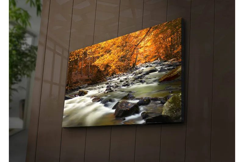 Canvas-taulu LED-valaistuksella 45x70 cm - Virtaavaa vettä syksyn värisen metsän ympäröimänä, Oranssi / Vihreä / Musta