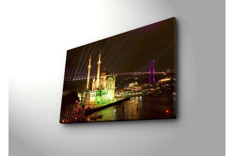 Canvas-taulu LED-valaistuksella 45x70 cm - Yöllinen kaupunkikuva valaistulla moskeijalla ja silloilla - Vihreä / Violetti / Keltainen - Sisustustuotteet - Taulu & taide - Canvas-taulu