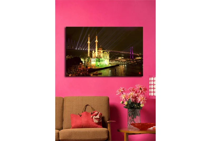 Canvas-taulu LED-valaistuksella 45x70 cm - Yöllinen kaupunkikuva valaistulla moskeijalla ja silloilla - Vihreä / Violetti / Keltainen - Sisustustuotteet - Taulu & taide - Canvas-taulu