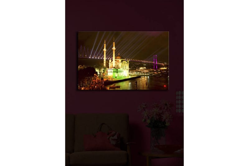 Canvas-taulu LED-valaistuksella 45x70 cm - Yöllinen kaupunkikuva valaistulla moskeijalla ja silloilla - Vihreä / Violetti / Keltainen - Sisustustuotteet - Taulu & taide - Canvas-taulu