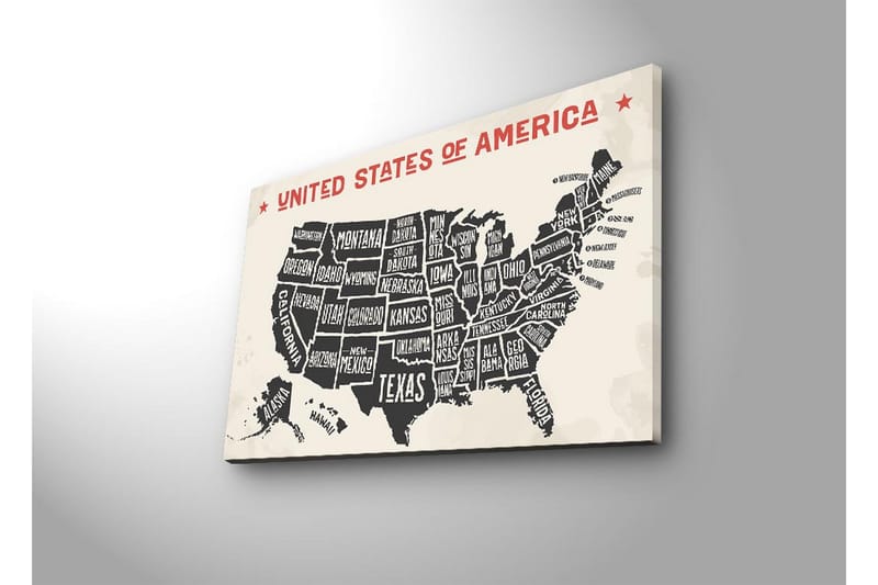 Canvas-taulu LED-valaistuksella 45x70 cm - Yhdysvaltojen kartta, jossa osavaltiot mustavalkoisella taustalla - Musta / Valkoinen / Punainen - Sisustustuotteet - Taulu & taide - Canvas-taulu
