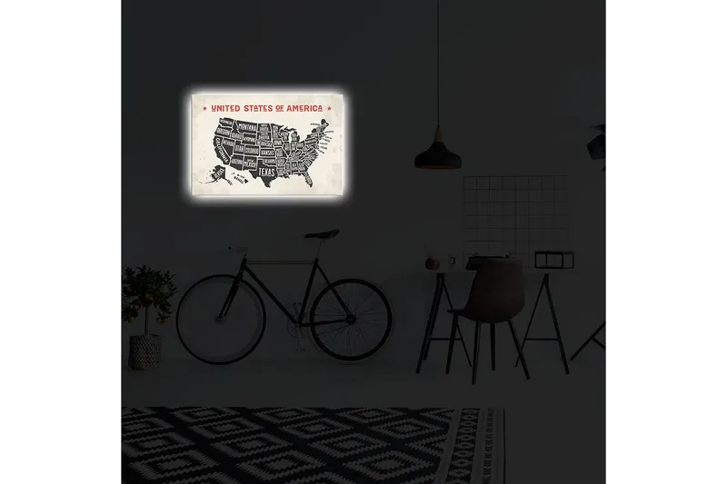 Canvas-taulu LED-valaistuksella 45x70 cm - Yhdysvaltojen kartta, jossa osavaltiot mustavalkoisella taustalla - Musta / Valkoinen / Punainen - Sisustustuotteet - Taulu & taide - Canvas-taulu