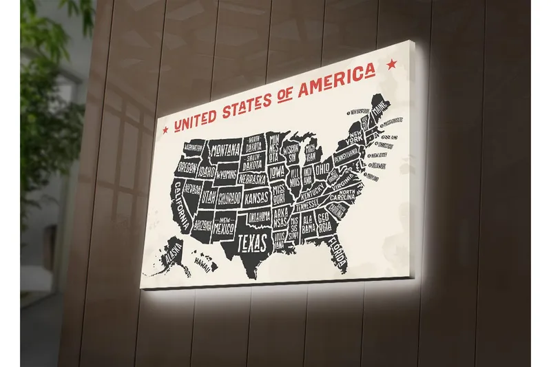 Canvas-taulu LED-valaistuksella 45x70 cm - Yhdysvaltojen kartta, jossa osavaltiot mustavalkoisella taustalla, Musta / Valkoinen / Punainen