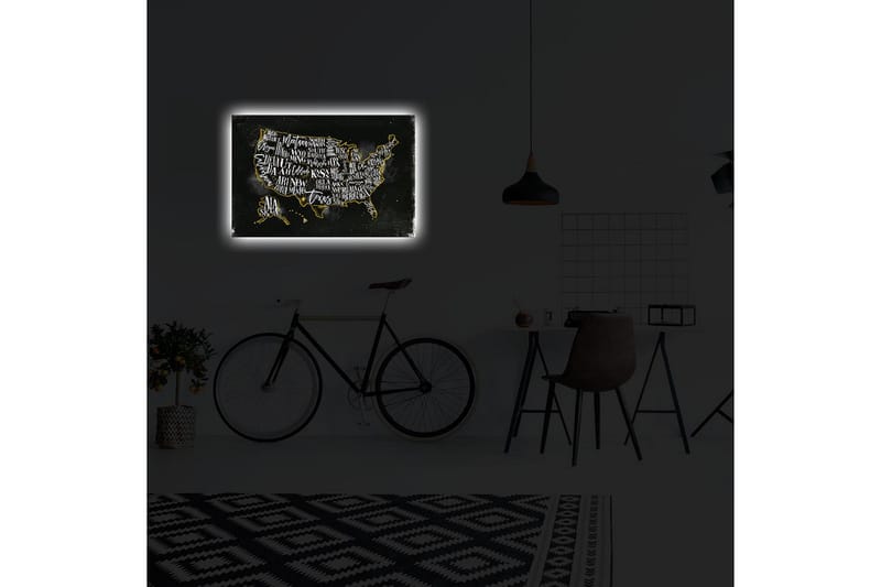 Canvas-taulu LED-valaistuksella 45x70 cm - Yhdysvaltojen kartta tyylitellyillä osavaltioiden nimillä - Musta / Kulta - Sisustustuotteet - Taulu & taide - Canvas-taulu
