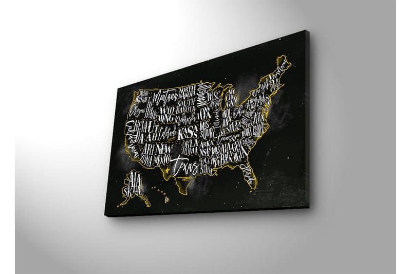 Canvas-taulu LED-valaistuksella 45x70 cm - Yhdysvaltojen kartta tyylitellyillä osavaltioiden nimillä - Musta / Kulta - Sisustustuotteet - Taulu & taide - Canvas-taulu