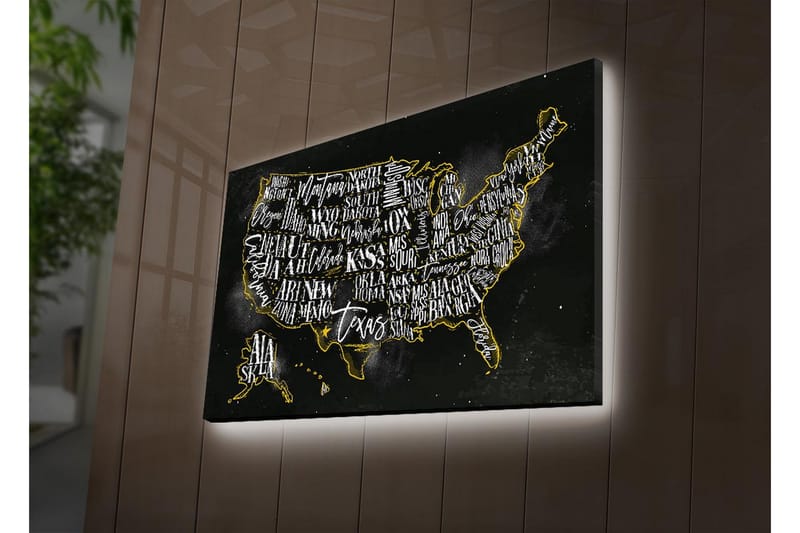 Canvas-taulu LED-valaistuksella 45x70 cm - Yhdysvaltojen kartta tyylitellyillä osavaltioiden nimillä - Musta / Kulta - Sisustustuotteet - Taulu & taide - Canvas-taulu