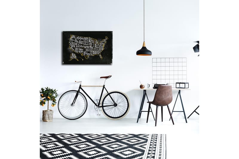 Canvas-taulu LED-valaistuksella 45x70 cm - Yhdysvaltojen kartta tyylitellyillä osavaltioiden nimillä - Musta / Kulta - Sisustustuotteet - Taulu & taide - Canvas-taulu