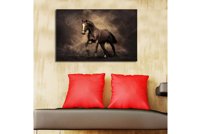 Canvas-taulu LED-valaistuksella 45x70 cm - Ylpeä hevonen liikkeessä - Tummanruskea / Beige / Musta - Sisustustuotteet - Taulu & taide - Canvas-taulu
