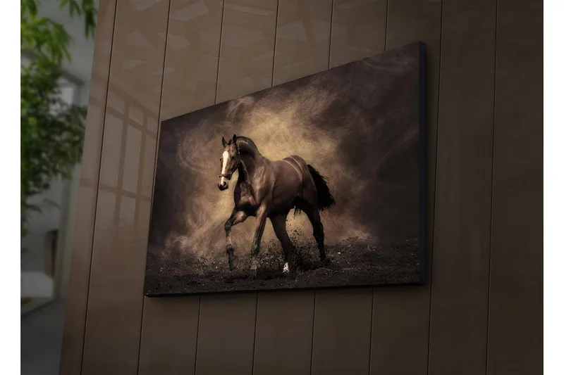 Canvas-taulu LED-valaistuksella 45x70 cm - Ylpeä hevonen liikkeessä, Tummanruskea / Beige / Musta