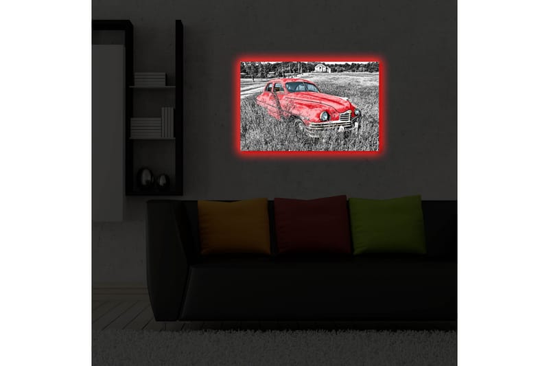 Canvas-taulu LED-valaistuksella 45x70 cm - Punainen vintage-auto rehevällä niityllä - Punainen / Musta / Harmaa - Sisustustuotteet - Taulu & taide - Canvas-taulu