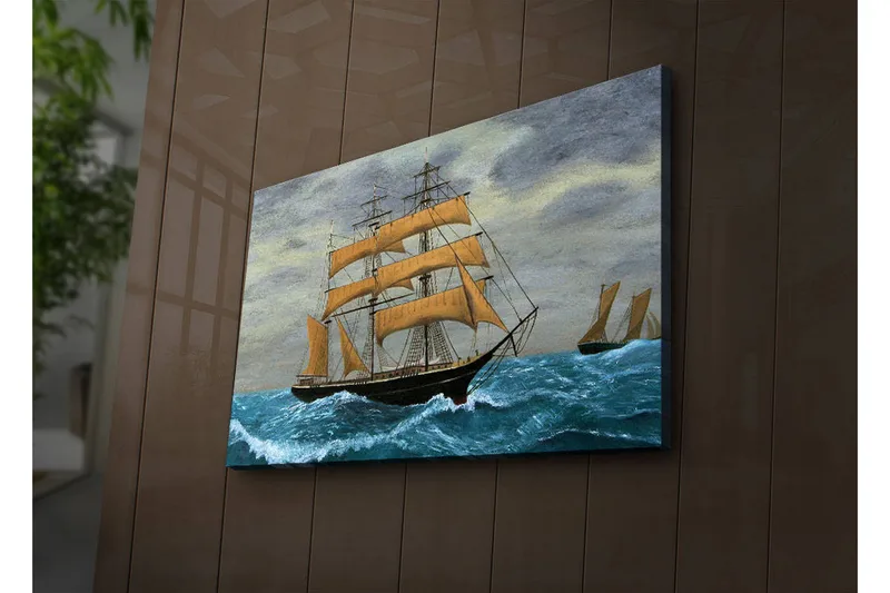 Canvas-taulu LED-valaistuksella 45x70 cm - Purjevene myrskyisällä merellä, Sininen / Beige / Harmaa