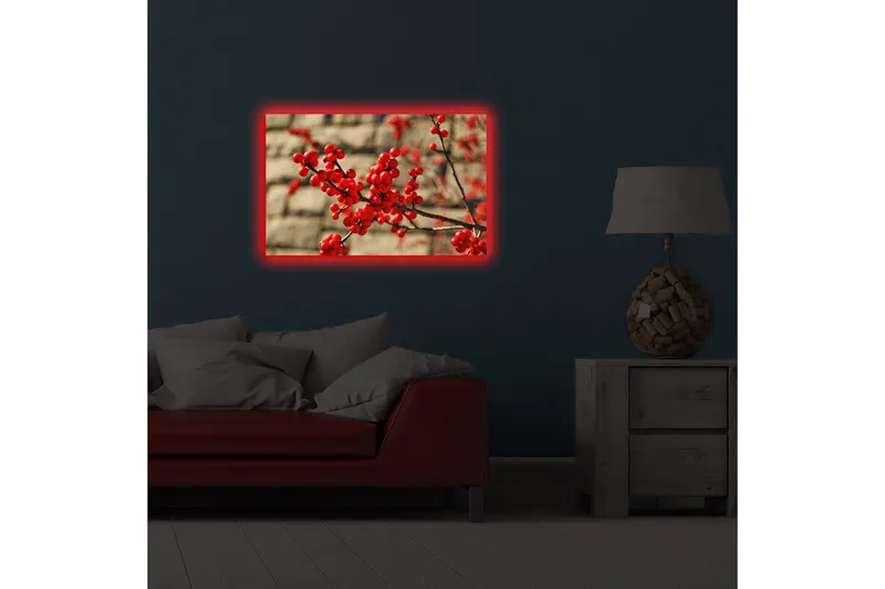 Canvas-taulu LED-valaistuksella 45x70 cm - Punainen marjaterttu oksalla - Punainen / Ruskea / Beige - Sisustustuotteet - Taulu & taide - Canvas-taulu