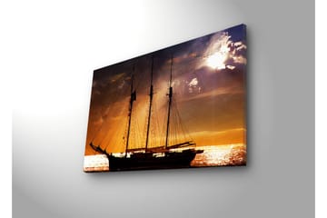 Canvas-taulu LED-valaistuksella 45x70 cm - Purjevene auringonlaskua vasten meren yllä - Oranssi / Musta / Kulta - Sisustustuotteet - Taulu & taide - Canvas-taulu