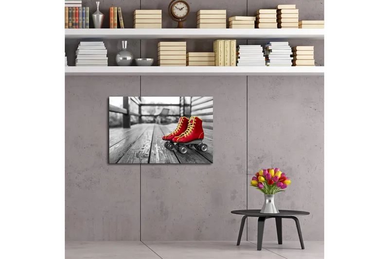 Canvas-taulu LED-valaistuksella 45x70 cm - Punaiset luistimet puisella radalla - Punainen / Keltainen / Harmaa - Sisustustuotteet - Taulu & taide - Canvas-taulu
