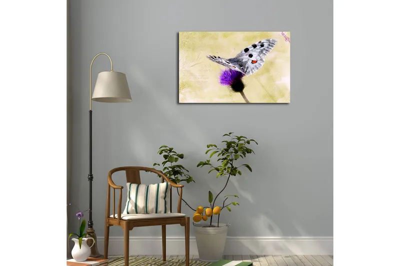 Canvas-taulu LED-valaistuksella 45x70 cm - Perhonen istuu kukalla - Violetti / Harmaa / Keltainen - Sisustustuotteet - Taulu & taide - Canvas-taulu