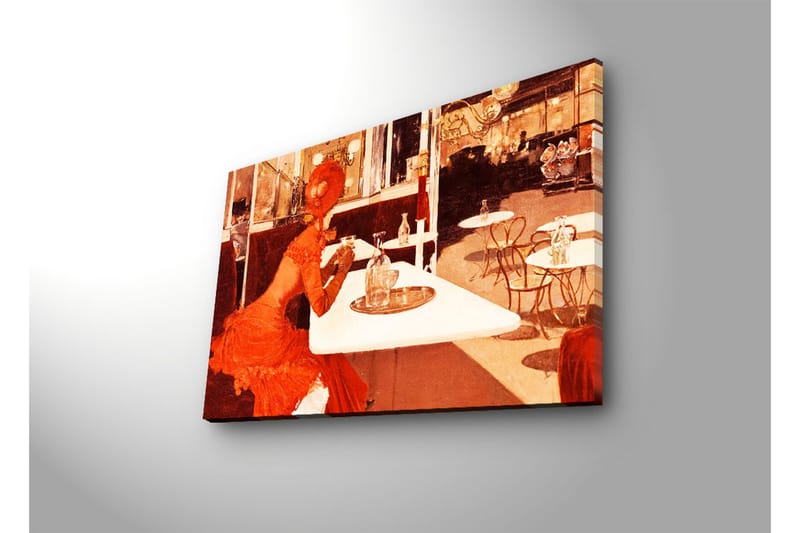 Canvas-taulu LED-valaistuksella 45x70 cm - Punamekkoinen nainen istuu kahvilapöydässä - Punainen / Beige / Ruskea - Sisustustuotteet - Taulu & taide - Canvas-taulu