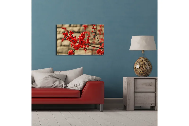 Canvas-taulu LED-valaistuksella 45x70 cm - Punainen marjaterttu oksalla - Punainen / Ruskea / Beige - Sisustustuotteet - Taulu & taide - Canvas-taulu