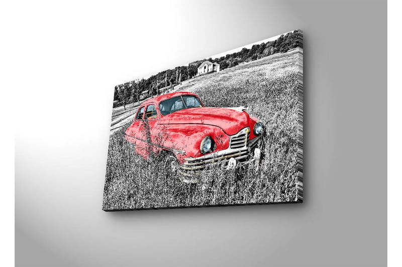 Canvas-taulu LED-valaistuksella 45x70 cm - Punainen vintage-auto rehevällä niityllä - Punainen / Musta / Harmaa - Sisustustuotteet - Taulu & taide - Canvas-taulu