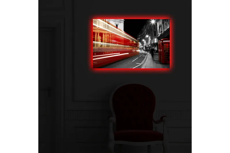 Canvas-taulu LED-valaistuksella 45x70 cm - Punainen kaksikerroksinen bussi liikkeessä mustavalkoisella kaupunkikadulla - Punainen / Musta / Harmaa - Sisustustuotteet - Taulu & taide - Canvas-taulu