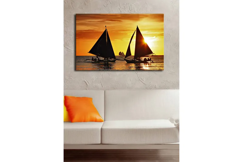 Canvas-taulu LED-valaistuksella 45x70 cm - Purjeveneitä auringonlaskua vasten merellä - Kulta / Musta / Oranssi - Sisustustuotteet - Taulu & taide - Canvas-taulu