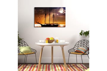 Canvas-taulu LED-valaistuksella 45x70 cm - Purjevene auringonlaskua vasten meren yllä - Oranssi / Musta / Kulta - Sisustustuotteet - Taulu & taide - Canvas-taulu