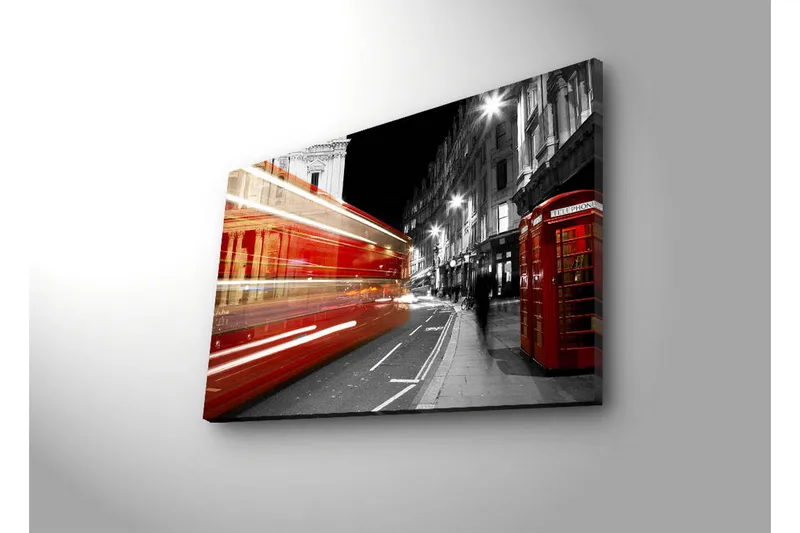 Canvas-taulu LED-valaistuksella 45x70 cm - Punainen kaksikerroksinen bussi liikkeessä mustavalkoisella kaupunkikadulla - Punainen / Musta / Harmaa - Sisustustuotteet - Taulu & taide - Canvas-taulu