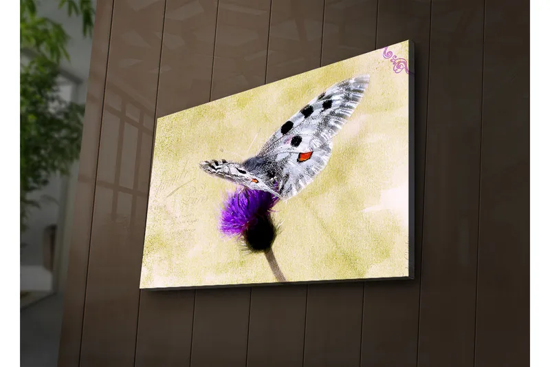 Canvas-taulu LED-valaistuksella 45x70 cm - Perhonen istuu kukalla, Violetti / Harmaa / Keltainen