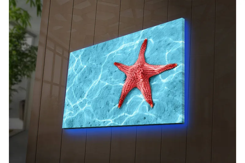 Canvas-taulu LED-valaistuksella 45x70 cm - Punainen meritähti kirkkaansinisellä veden pinnalla, Punainen / Kirkkaansininen