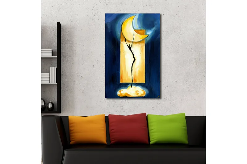 Canvas-taulu LED-valaistuksella 70x45 cm - Abstrakti sommitelma, jossa on kuu ja kasvimainen muoto - Tummansininen / Keltainen / Musta - Sisustustuotteet - Taulu & taide - Canvas-taulu