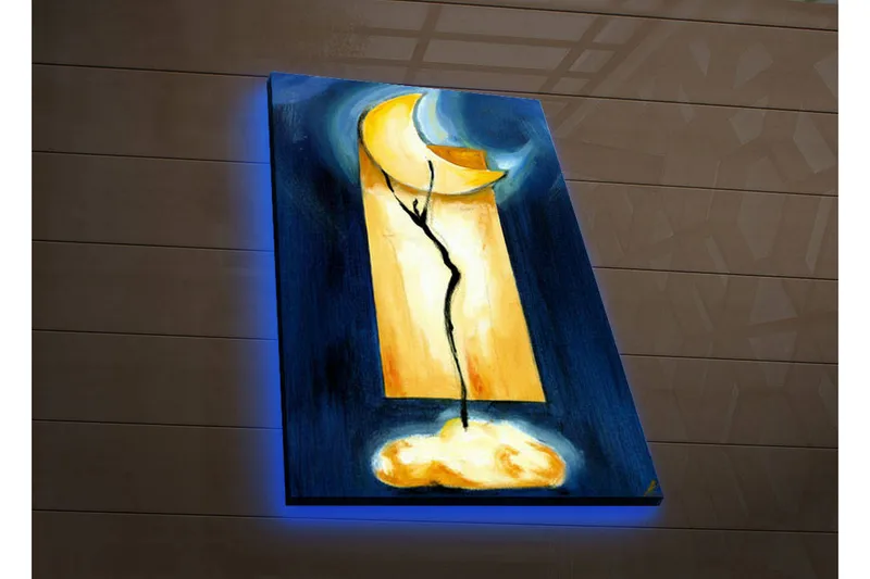 Canvas-taulu LED-valaistuksella 70x45 cm - Abstrakti sommitelma, jossa on kuu ja kasvimainen muoto, Tummansininen / Keltainen / Musta