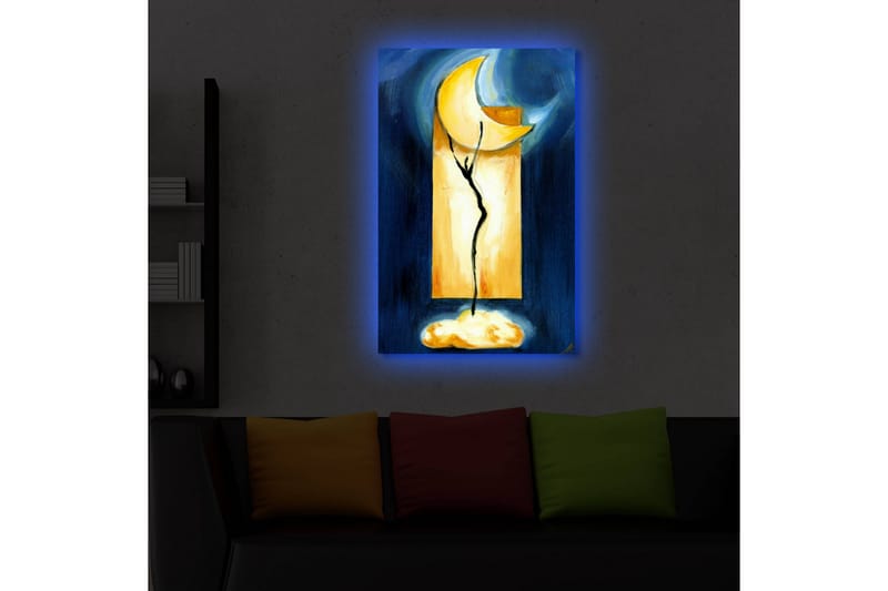 Canvas-taulu LED-valaistuksella 70x45 cm - Abstrakti sommitelma, jossa on kuu ja kasvimainen muoto - Tummansininen / Keltainen / Musta - Sisustustuotteet - Taulu & taide - Canvas-taulu
