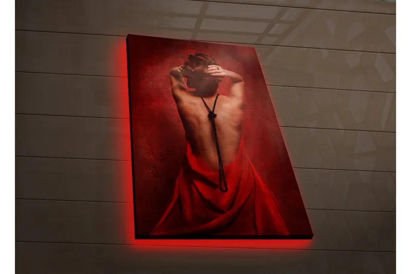 Canvas-taulu LED-valaistuksella 70x45 cm - Aistillinen nainen punaisessa mekossa selkä katsojaan päin, Punainen / Musta