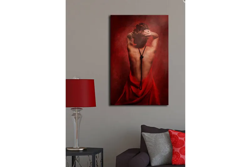 Canvas-taulu LED-valaistuksella 70x45 cm - Aistillinen nainen punaisessa mekossa selkä katsojaan päin - Punainen / Musta - Sisustustuotteet - Taulu & taide - Canvas-taulu