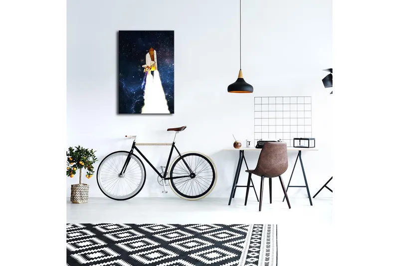 Canvas-taulu LED-valaistuksella 70x45 cm - Avaruussukkula nousussa kohti tähtitaivasta - Tummansininen / Valkoinen / Oranssi - Sisustustuotteet - Taulu & taide - Canvas-taulu