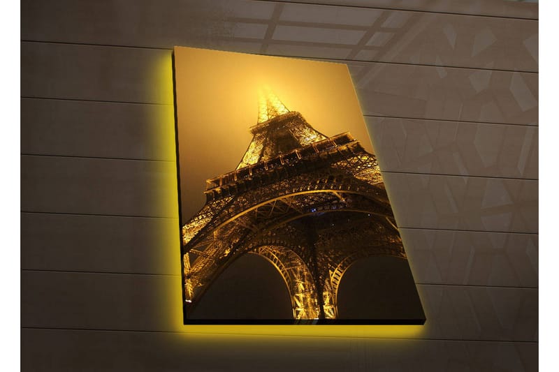 Canvas-taulu LED-valaistuksella 70x45 cm - Eiffel-torni valaistuna sumussa, Kulta / Musta / Harmaa