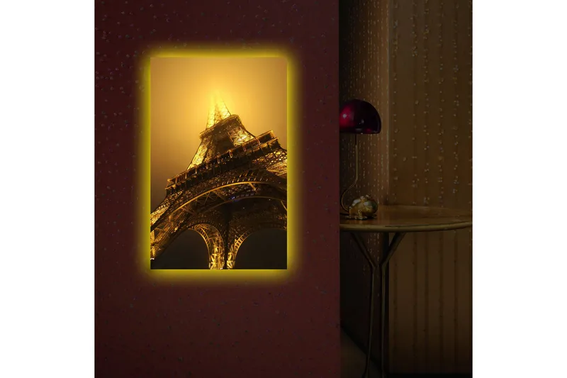 Canvas-taulu LED-valaistuksella 70x45 cm - Eiffel-torni valaistuna sumussa - Kulta / Musta / Harmaa - Sisustustuotteet - Taulu & taide - Canvas-taulu