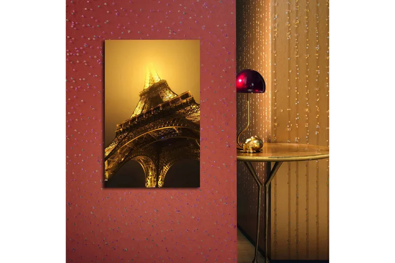 Canvas-taulu LED-valaistuksella 70x45 cm - Eiffel-torni valaistuna sumussa - Kulta / Musta / Harmaa - Sisustustuotteet - Taulu & taide - Canvas-taulu