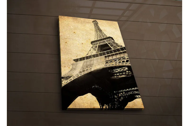 Canvas-taulu LED-valaistuksella 70x45 cm - Eiffel-tornin siluetti vintage-tyyliin, Musta / Beige / Ruskea