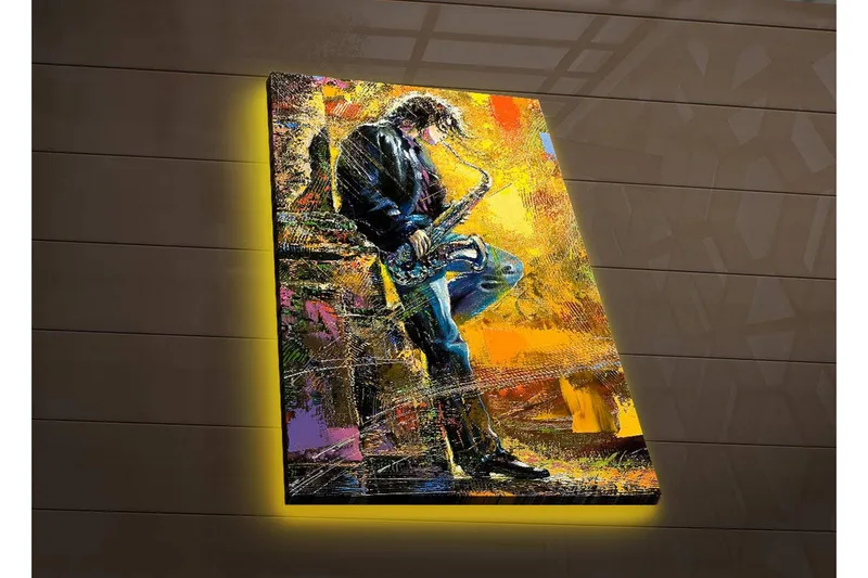 Canvas-taulu LED-valaistuksella 70x45 cm - Jazzmuusikko soittaa saksofonia eloisalla taustalla, Keltainen / Sininen / Musta