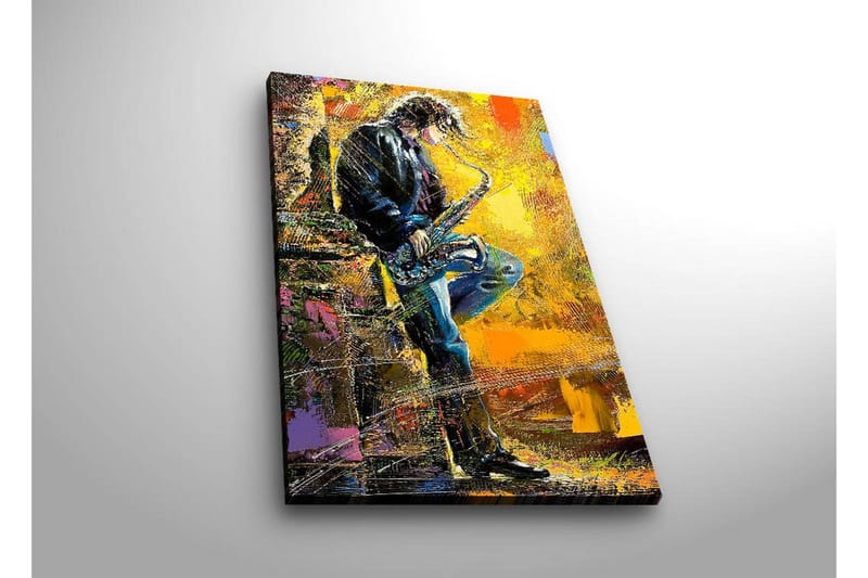 Canvas-taulu LED-valaistuksella 70x45 cm - Jazzmuusikko soittaa saksofonia eloisalla taustalla - Keltainen / Sininen / Musta - Sisustustuotteet - Taulu & taide - Canvas-taulu