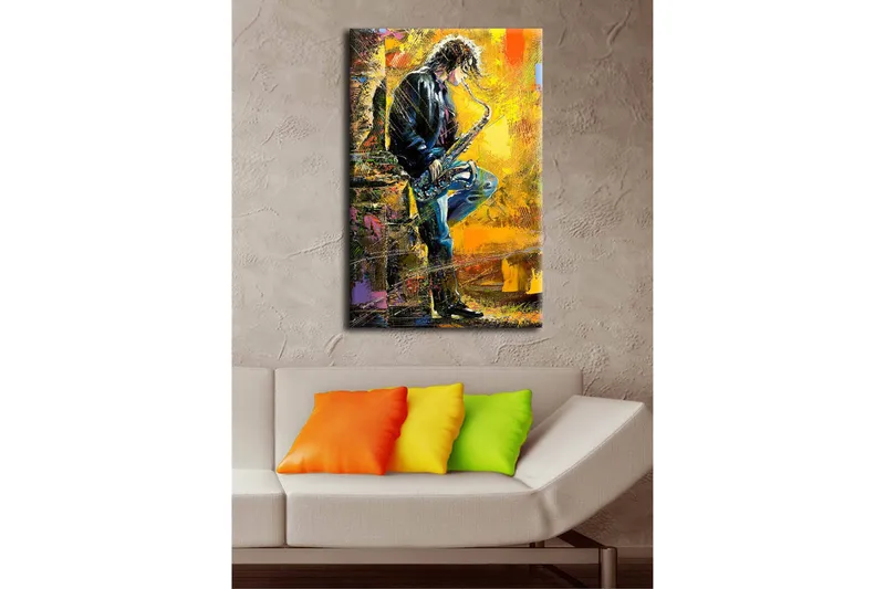 Canvas-taulu LED-valaistuksella 70x45 cm - Jazzmuusikko soittaa saksofonia eloisalla taustalla - Keltainen / Sininen / Musta - Sisustustuotteet - Taulu & taide - Canvas-taulu