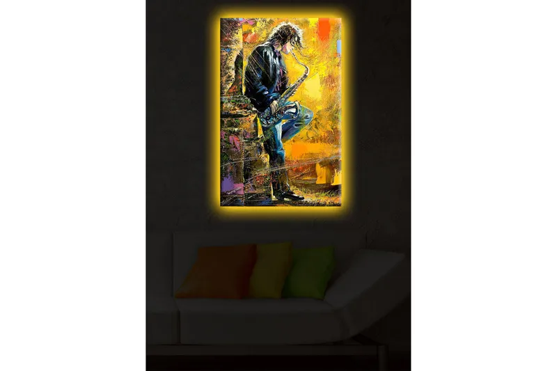 Canvas-taulu LED-valaistuksella 70x45 cm - Jazzmuusikko soittaa saksofonia eloisalla taustalla - Keltainen / Sininen / Musta - Sisustustuotteet - Taulu & taide - Canvas-taulu