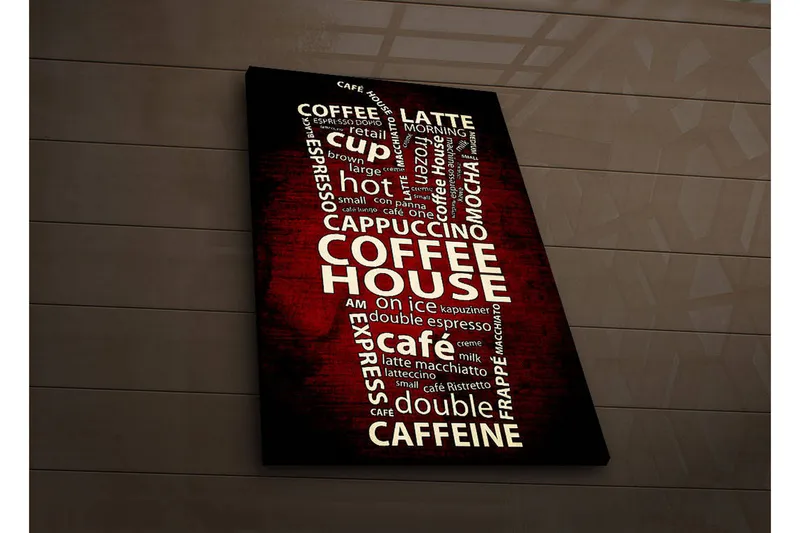 Canvas-taulu LED-valaistuksella 70x45 cm - Kahvista inspiroitunut typografia kahvijuomiin liittyvillä sanoilla, Punainen / Valkoinen