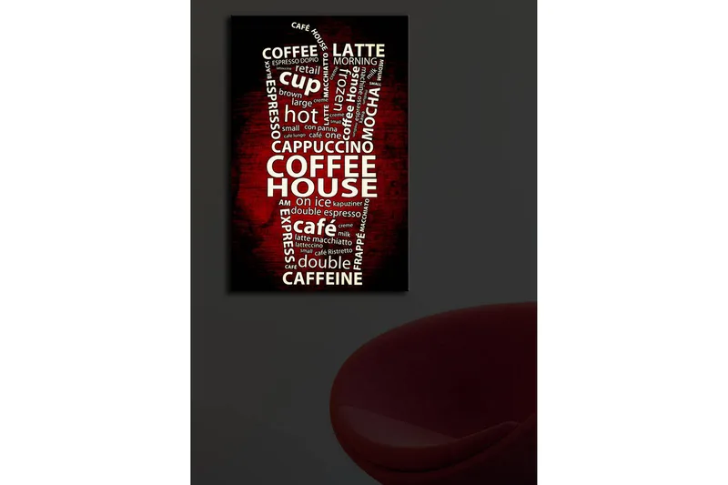 Canvas-taulu LED-valaistuksella 70x45 cm - Kahvista inspiroitunut typografia kahvijuomiin liittyvillä sanoilla - Punainen / Valkoinen - Sisustustuotteet - Taulu & taide - Canvas-taulu