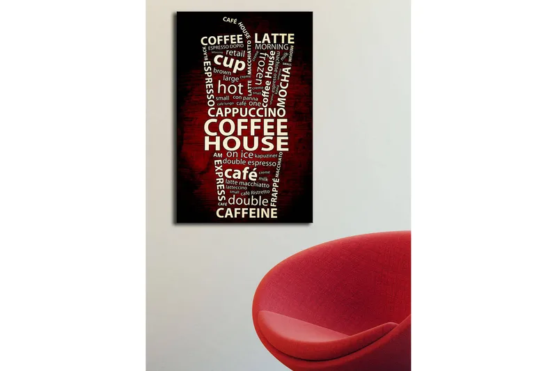 Canvas-taulu LED-valaistuksella 70x45 cm - Kahvista inspiroitunut typografia kahvijuomiin liittyvillä sanoilla - Punainen / Valkoinen - Sisustustuotteet - Taulu & taide - Canvas-taulu