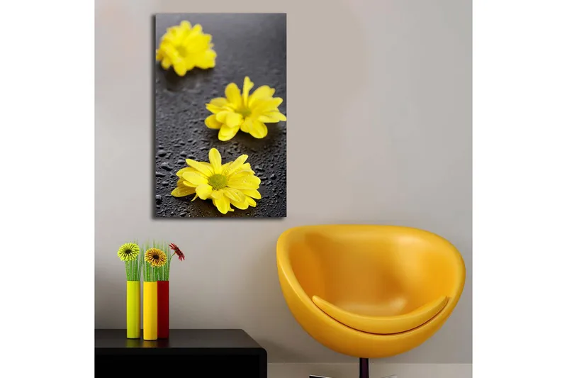 Canvas-taulu LED-valaistuksella 70x45 cm - Keltaisia kukkia ja vesipisaroita tummalla pinnalla - Keltainen / Musta - Sisustustuotteet - Taulu & taide - Canvas-taulu